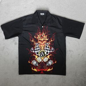 Dragonfly Clothing Company Shirt Men's XL Black Button Up Flame Skull Hotrod Tee
